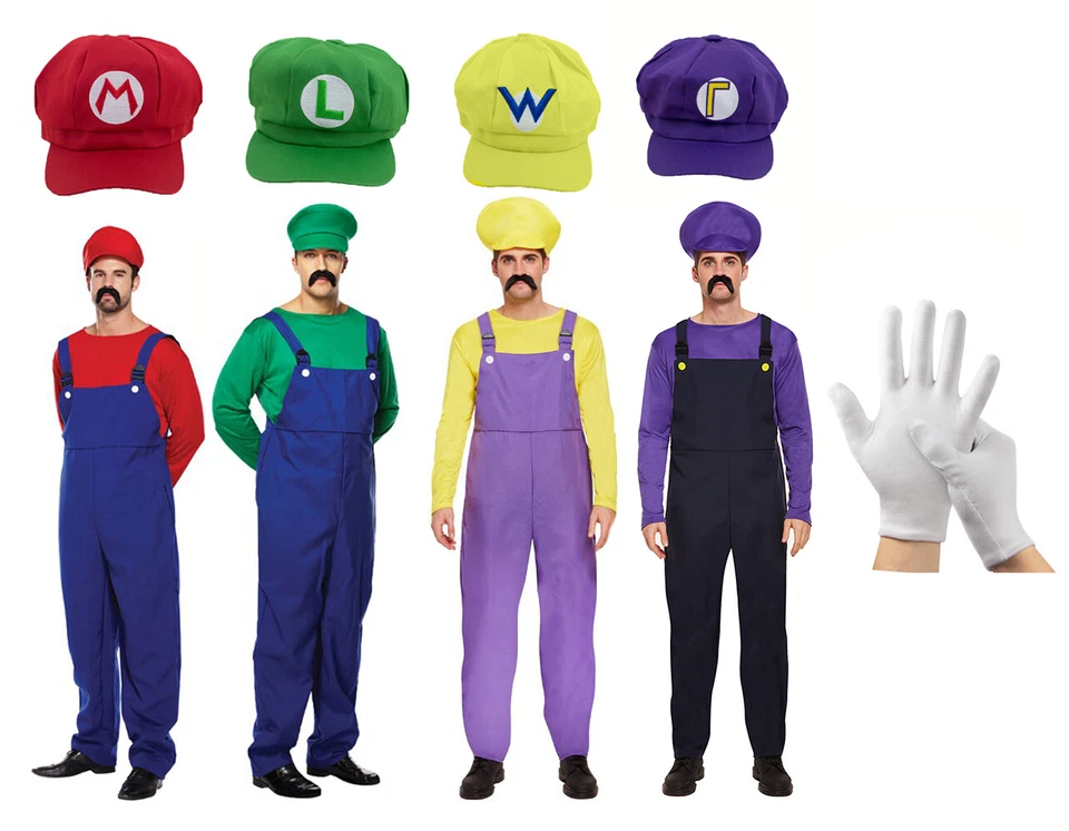 HENBRANDT Mens Super Mario Fancy Dress Outfit Villain Overalls Game Costume, Hat & Gloves