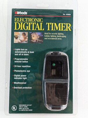 NEW Woods Electronic Digital Outdoor Timer #83660 - On At Dusk, Off At Dawn