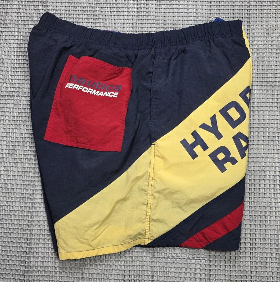 Vtg 90s Nautica Hydro Race Mens Yellow Red Blue Colorblock Swim Trunks Shorts XL - Image 3 of 4