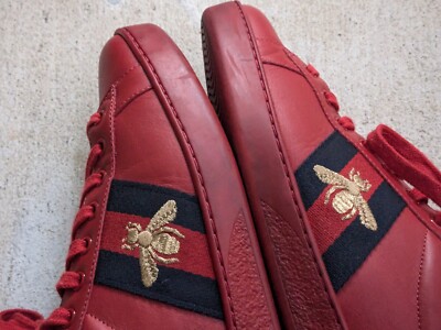 Gucci Ace Sneakers Bee Red Men 9.5 Leather Shoes Low Tops 429446