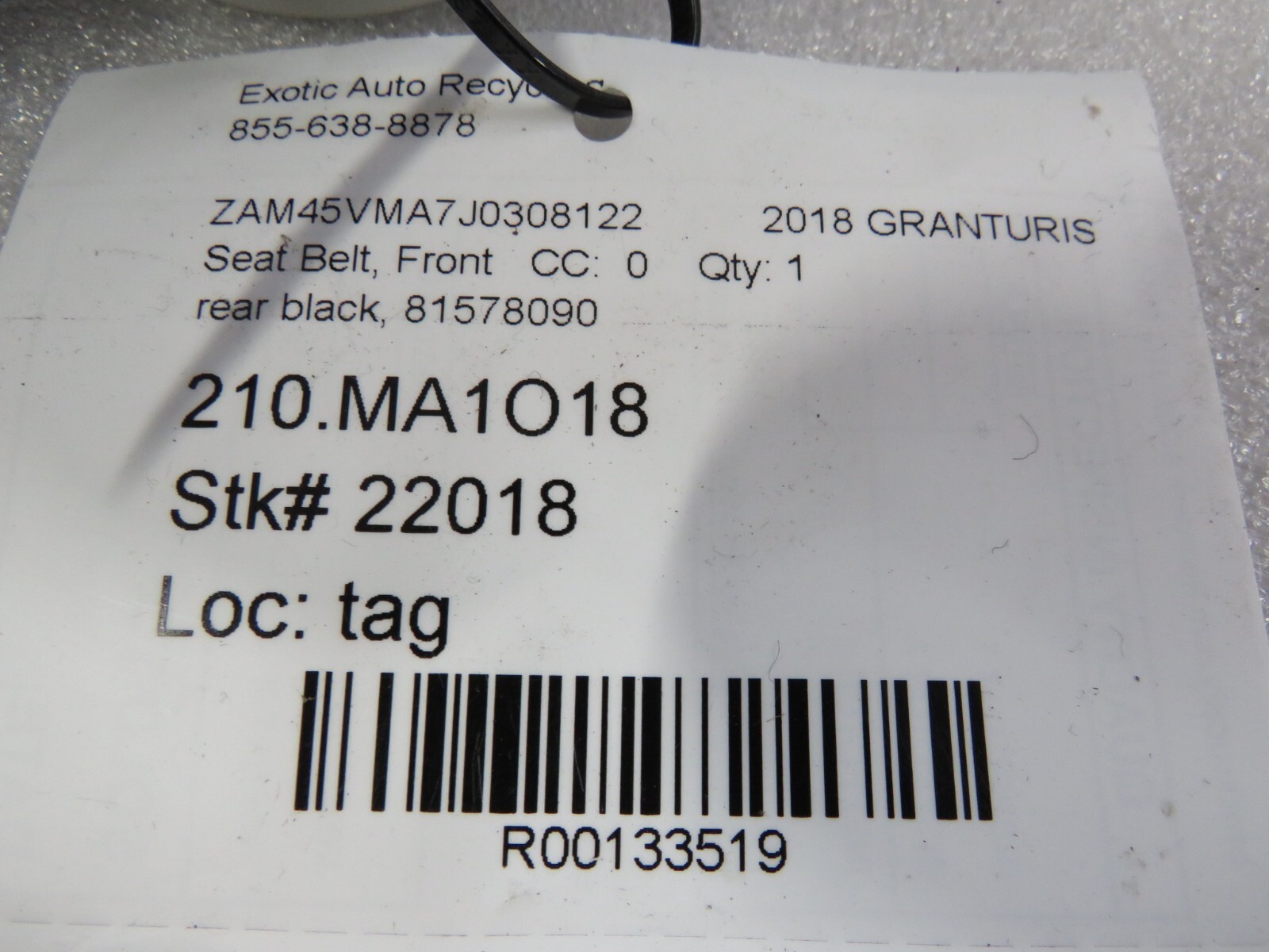 Maserati GranCabrio, Rear Seat Belt, Black, Used, P/N 81578090