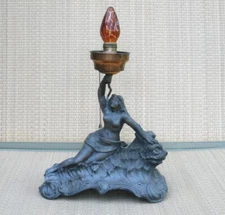 Antique1900s Bronze Tone Metal Goddess LADY & DOLPHIN Lamp Table Light Fixture