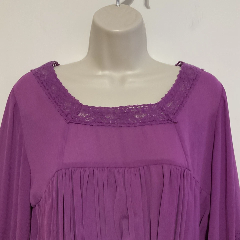 Blusa top marc bouwer ilimitada XS elegante púrpura plisado manga cascada encaje Foto 4 de 4