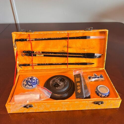 Chinese Calligraphy Set With Ink Sticks Brushes Brush Rest Ink Stone Porcelain B