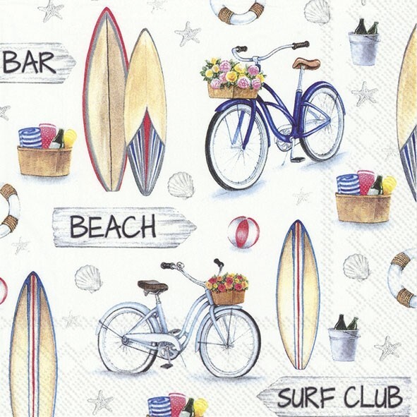 4 x Lunch Napkins/33cm/3Ply/Decoupage/Beach/Surf/Bicycle/Surf Club