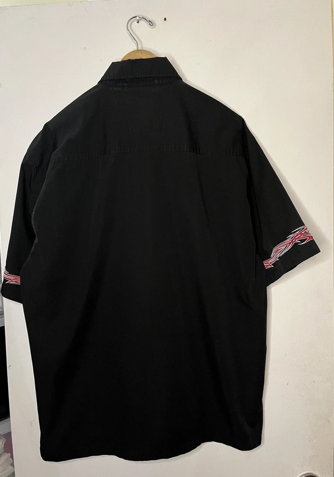 Винтажный мотоциклиста кнопка вверх размер XL 90-х черный красный вышитое пламя готический стиль - Изображение 2 из 4