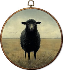 Vintage Black Sheep round Canvas Wall Art, Rustic Country Sheep Landscape Framed