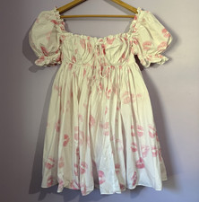 Selkie XS White Pink Lips Graphic Puff Sleeve Mini Dress Square Neck Ruffle