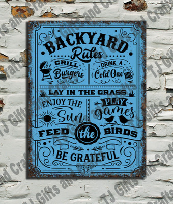 Hinterhof Regeln Garten Blechschild Plakette BBQ Bier Sonne Wandschild