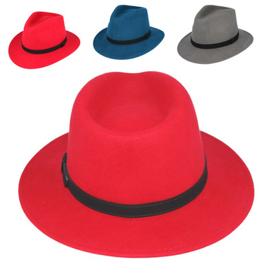 Klassischer knautschbarer Fedora Hut - Wollfilz Cowboy Stil breite Krempe mit Lederband