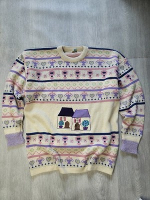 Vintage 90s EEC Pastel Fair Isle Knit Jumper Cottage Scene Women s 100% Acrylic