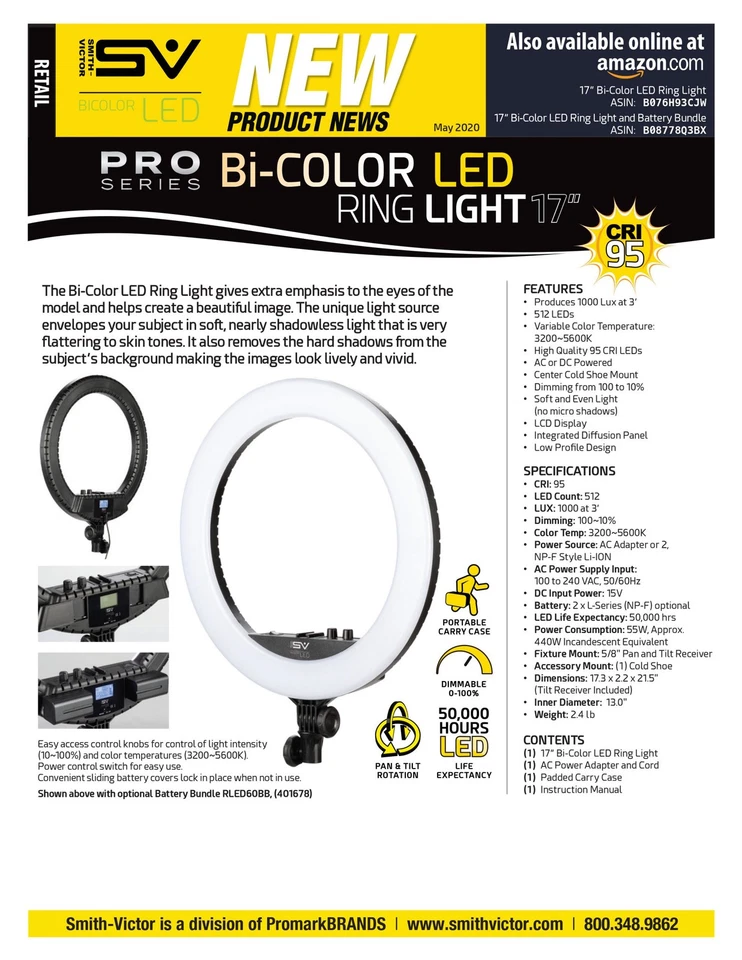 Smith Victor 401704 17" Bi-Color LED Ring Light (17") A/C Adapter  nbnb nbj - Image 3 of 3