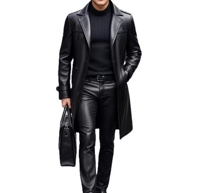 Trench Coat Black Stylish Formal Wear Handmade Lambskin Real Leather Fashionable