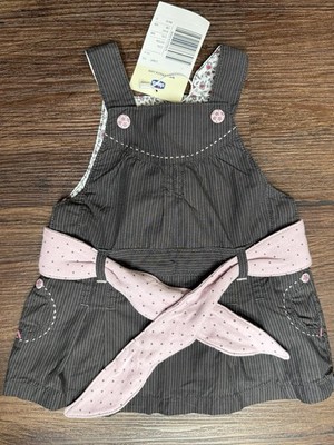 Chicco Baby Girl Overall Jumper Dress Brown Gray Pinstripe Pink Sash 3-6M NWT