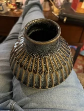 Vintage Studio Pottery Vase Textured Ribbed Design Drip Glaze MCM Art Pottery