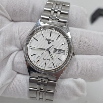 #ad #ad Vintage 1990#x27;s Men#x27;s PULSAR Silver Tone Classic Watch Y563 8579 New Battery $29.95