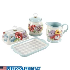Country Kitchen Butter Dish Cream Sugar Set Floral Design Ceramic Serveware New