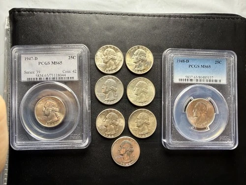 9 1940s Washington Silver Quarter Lot EF-MS65 1940-1948, 47 & 48 areD Very Sharp