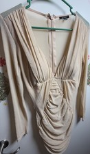 Entry Champagne Ruched Bodycon Dress Large Long Sleeve Glitter Mesh