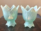 Fenton Art Glass Tulip Opalescent 2 Way Votive Candle Holder Set Sea Mist