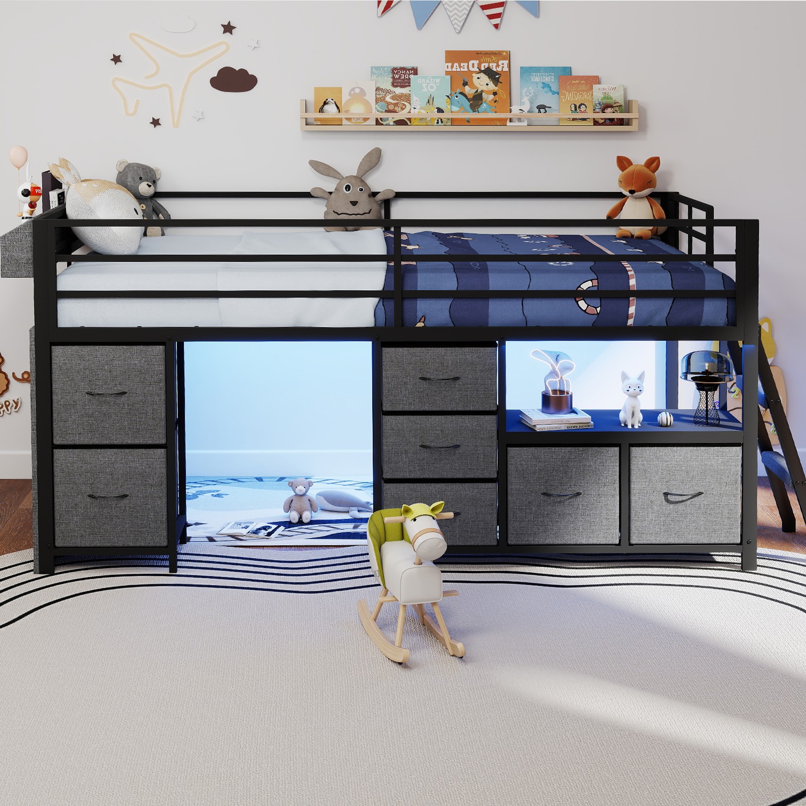 Twin Size Loft Bed Frame with 7 Storage Drawers, Bookcase Desk and LED Lights