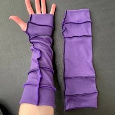 Purple Cyber Goth Fingerless Gloves Black Elbow Length Arm Warmers Thumb Holes