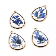 4PCS Gold Tone Real Dry Flower Resin Teardrop Shape Charm Pendant Supply GBY901