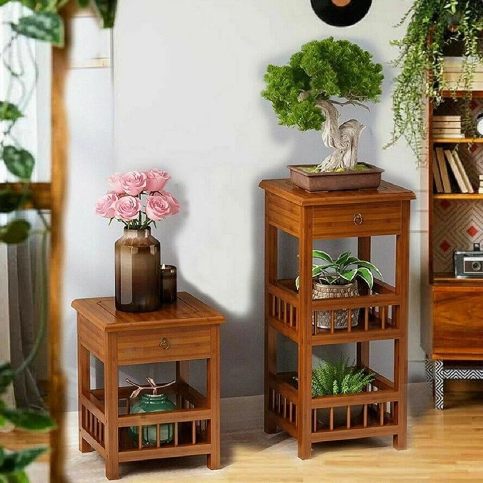 Beistelltisch Antik Nachttisch Nachtschrank mit Schublade 2 Ablagen Holz Regal - Bild 2 von 4
