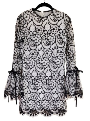 Alexis XS Rustam Lace Dress Black White Bell Sleeve Scalloped