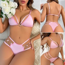 Pink Sexy Lingerie Set Lace Bra Garter Nightwear Underwear Lace Dress Pajamas US