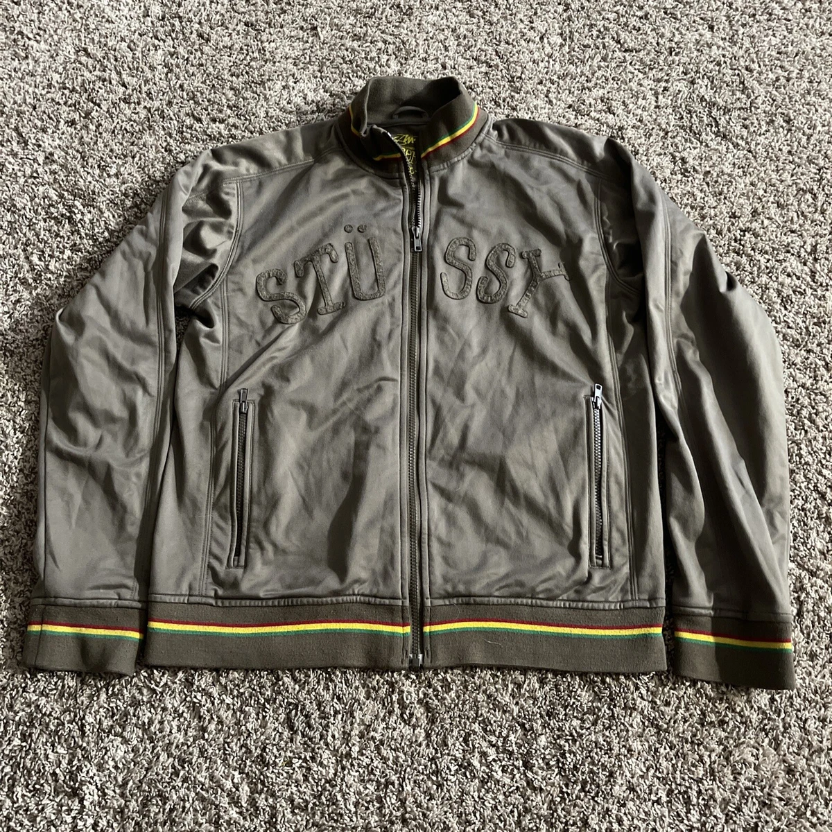 Stussy Gear zip up jacket green rasta trim mens size large