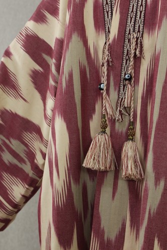 Uzbek ikat chapan,cotton kaftan cape,boho beige coat,ethnic abaya,cover kimono - Picture 7 of 10