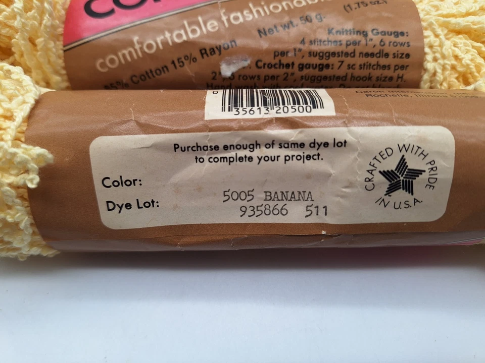 2 madejas de algodón Caron Terry 5005 plátano 85 % algodón 15 % rayón 1,75 oz Foto 3 de 4