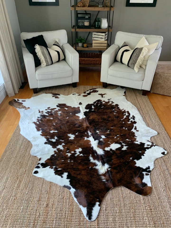 Tricolor Cow Hide Real Skin Leather Rug - Average Size 6X6 feet New Cowhide Rug - Image 2 of 4