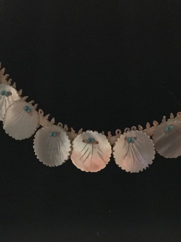 ANTIQUE MOTHER OF PEARL ON BRAID WITH TURQUOISE BEADS 14" SMALL CHOKER - Picture 2 of 11