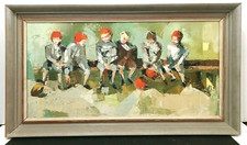 LISTED AMERICAN MCM ARTIST SPERRY ANDREWS ORIG O/C FOOTBALL KIDS on BENCH FRAMED