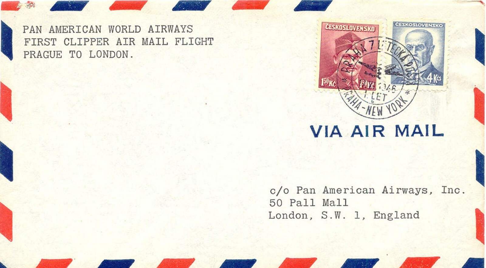 CZECHOSLOVAKIA 1946 First Flight, PAA First Clipper Air Mail Flight PRAGUE - LONDON