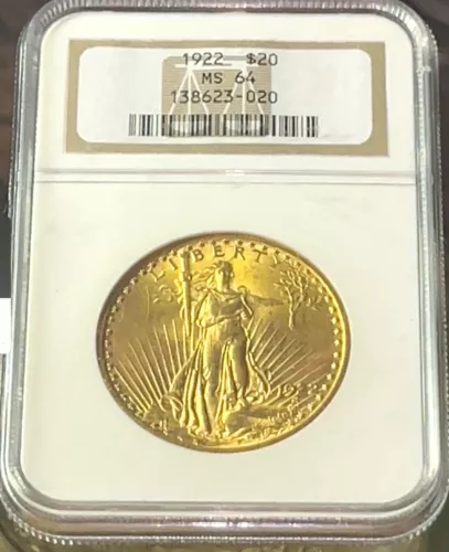 1922 US Mint $20 Gold St Gaudens Double Eagle NGC/ANA MS64 Amazing Rosey Luster!