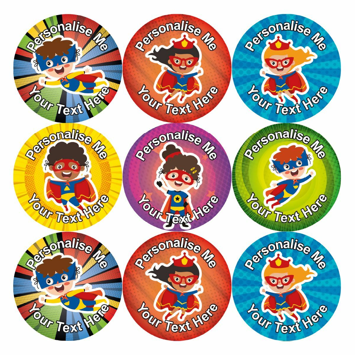 144 Personalised 30mm Superhero Kids Reward Stickers