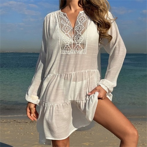 Women Swing Dress Beach Cover Up See Through Beach Dress Long Sleeves Dress - Bild 7 von 10