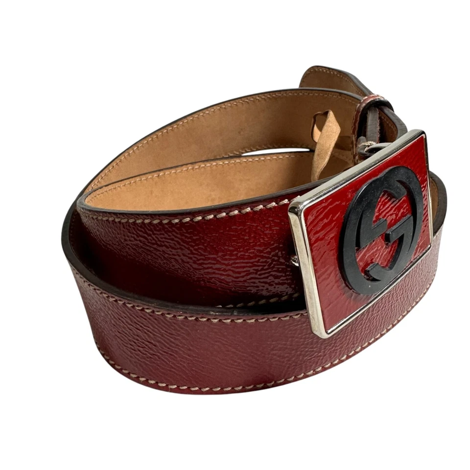 Ремень унисекс GUCCI красный лакированная кожа черный с блокировкой пряжка G табличка 95/33 - Изображение 2 из 4