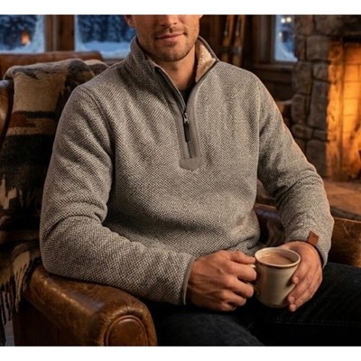 Orvis Mens XL Gray Quarter Zip Sherpa Lined Textured Knit Pullover Sweater Heavy