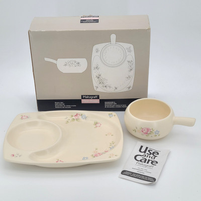 Pfaltzgraff Tea Rose Snack Set Sandwich Platter Tray w Handle Soup Bowl Cup RARE