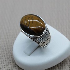 Bague Argent Massif 925 Avec œil De Tigre - Taille 54 - Pierre Marron, Sertie Main