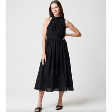 J.Crew Tie Neck Midi Dress Eyelet Trim Cotton A Line Pockets Black US 14 NWT