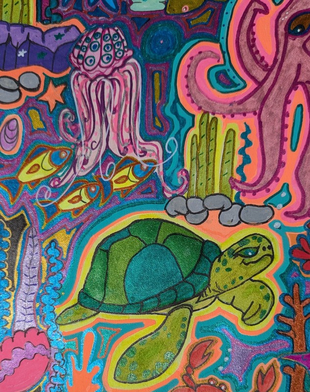"The Abyssal Subconscious" Ocean Life, Jellyfish, Turtle, Whale Doodle Grafitti 