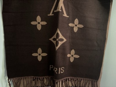 Louis Vuitton Logo Knit Wool Rectangle Scarf w/ Fringe Brown & Biege Women