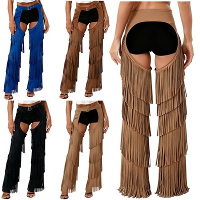 US Womens Hollow Out Cowboy Chaps Buttless Tassel Adjustable Waist Chaps Trouser