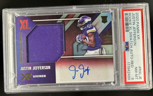 2020 Panini XR Justin Jefferson Rookie XL Swatch Jersey Auto Red RC #/75 PSA 8