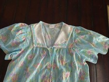 Vintage MCM Retro Pastel Blue Pink Floral Snap Robe Collared Nightgown S Grandma
